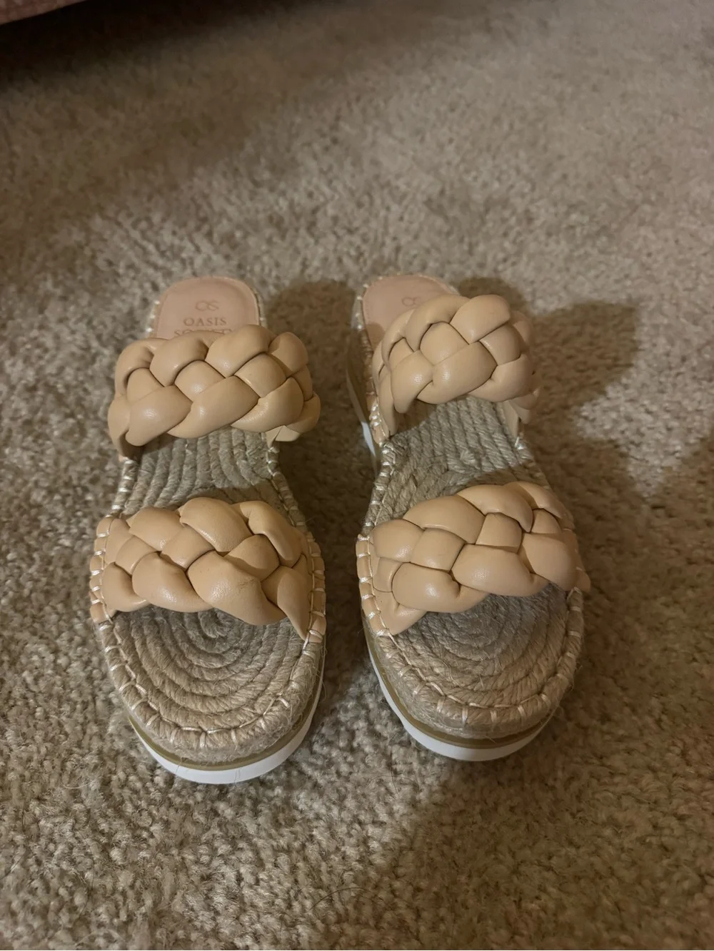 Braided Double-Strap Espadrille Slide Sandals in Beige